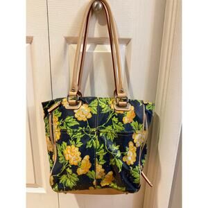 Tignanello Blue Yellow Floral Leather Handbag
